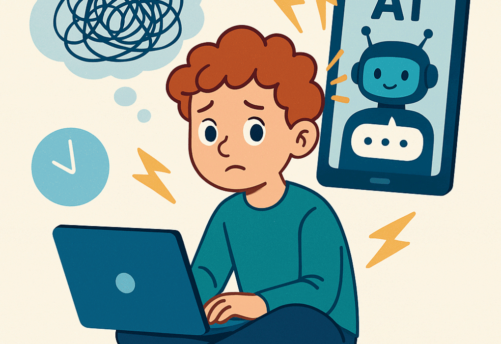 Illustratie van een jongen met ADHD die op een laptop werkt, omringd door gedachtenchaos en AI-ondersteuning op een tablet, als symbool voor hoe AI kinderen met ADHD kan helpen.