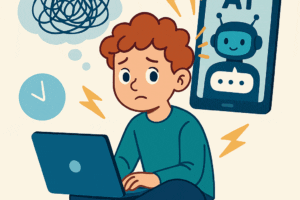 Illustratie van een jongen met ADHD die op een laptop werkt, omringd door gedachtenchaos en AI-ondersteuning op een tablet, als symbool voor hoe AI kinderen met ADHD kan helpen.